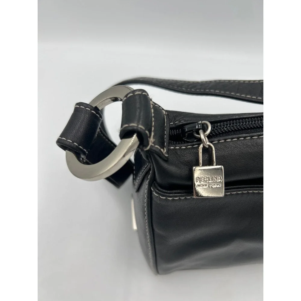 Perlina New York Black Leather Baguette Shoulder Bag Contrast Stitch Y2K Vintage - Picture 3 of 8